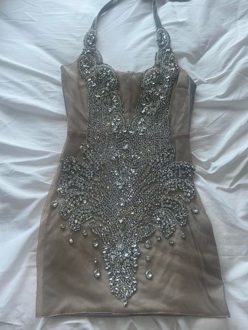 Embellished luxury Halter Mini Dress in Taupe with Crystal Appliqué